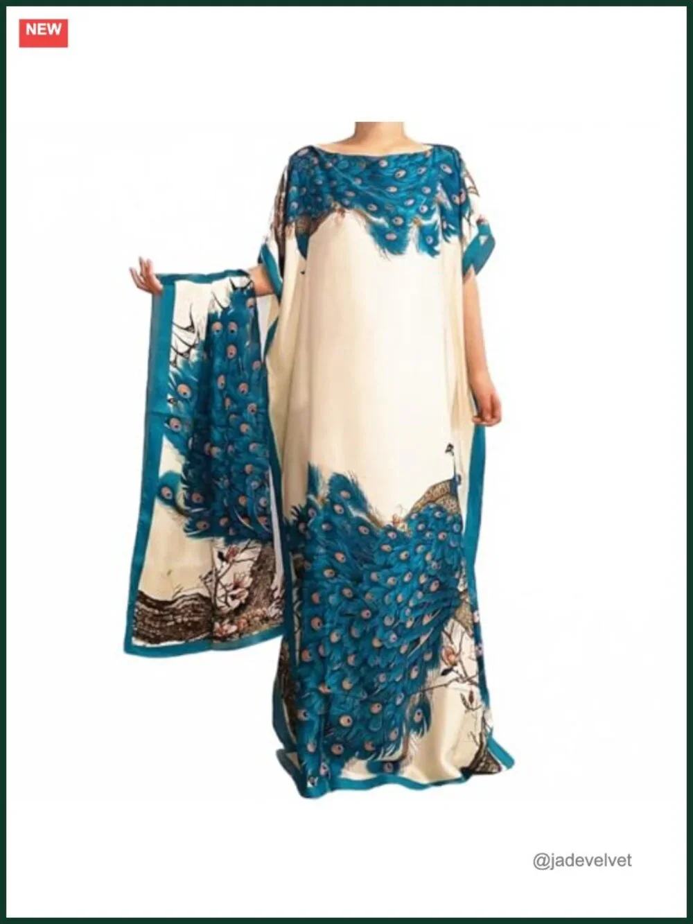 Floral Butterfly Peacock Print Shawl Wrap Scarf Set, Brocade Silk